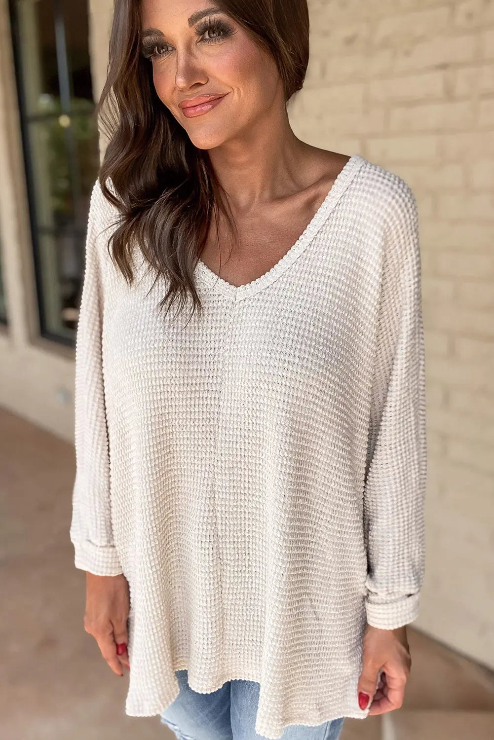 White Waffle Knit Side Slits Loose Fit V Neck Top Dear-Lover Dropshipping