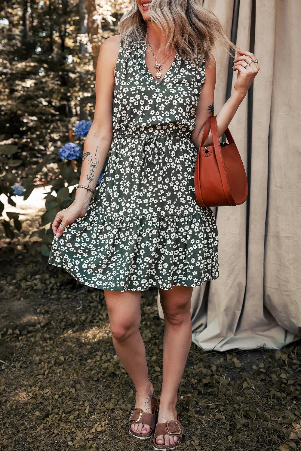 Green Boho Floral Print V Neck Tunic Sleeveless Dress Markonline