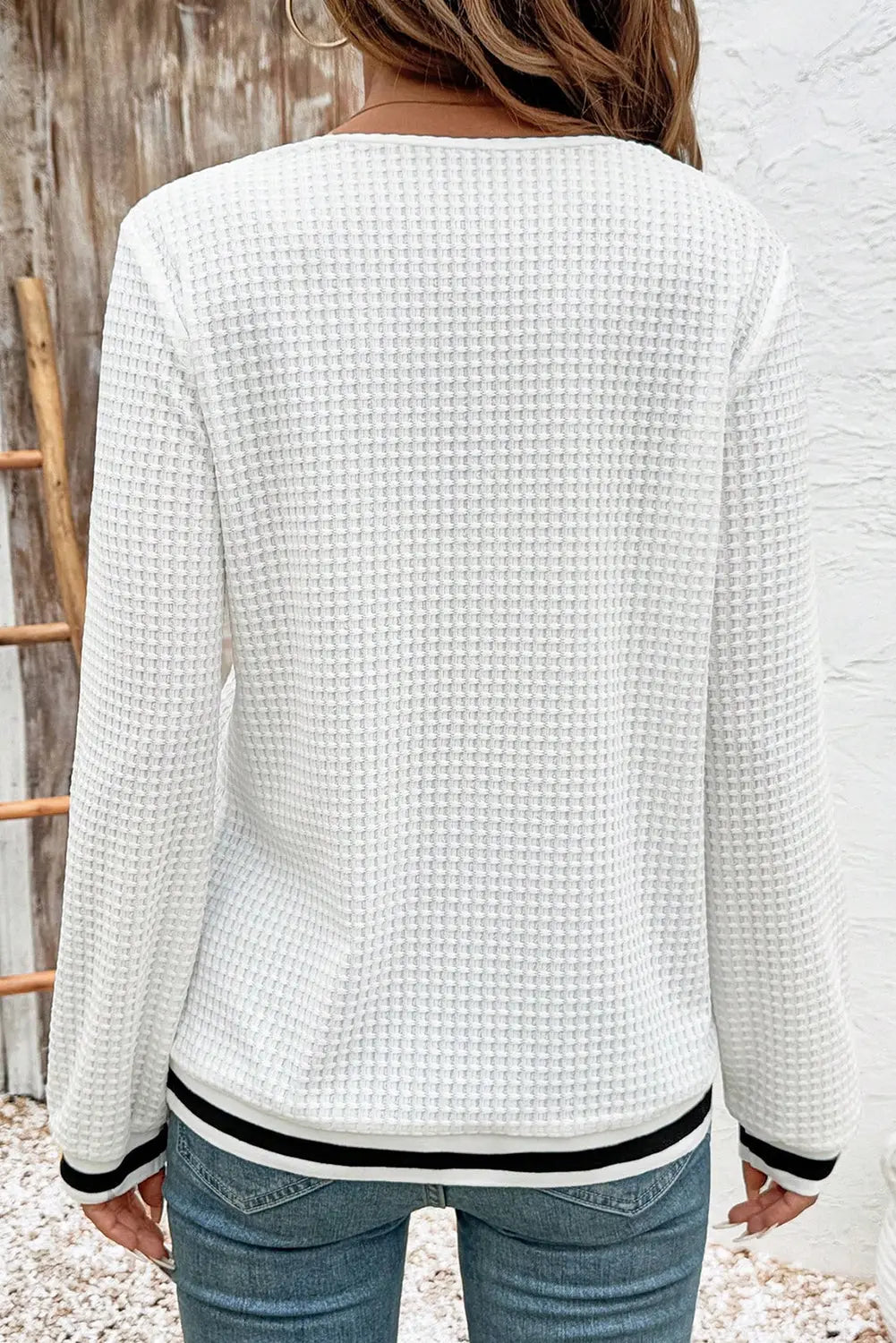 White Textured Knit Preppy Striped Trim V Neck Pullover Waffle Top Dear-Lover Dropshipping