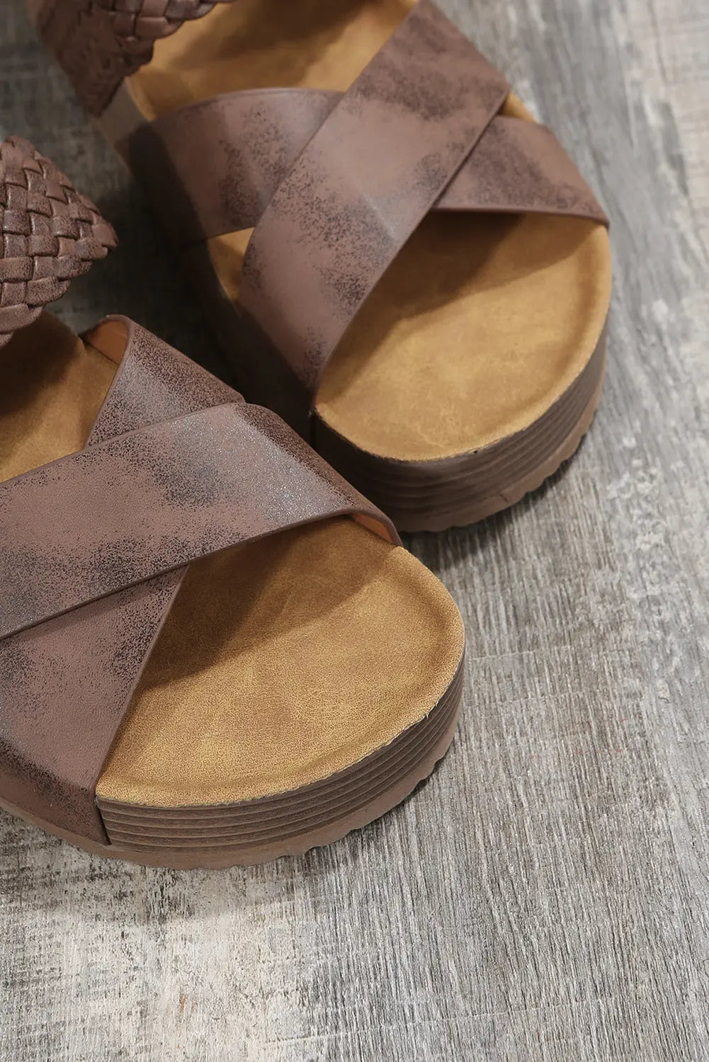 Brown Braided Detail Criss Cross Platform Slippers Dear-Lover Dropshipping