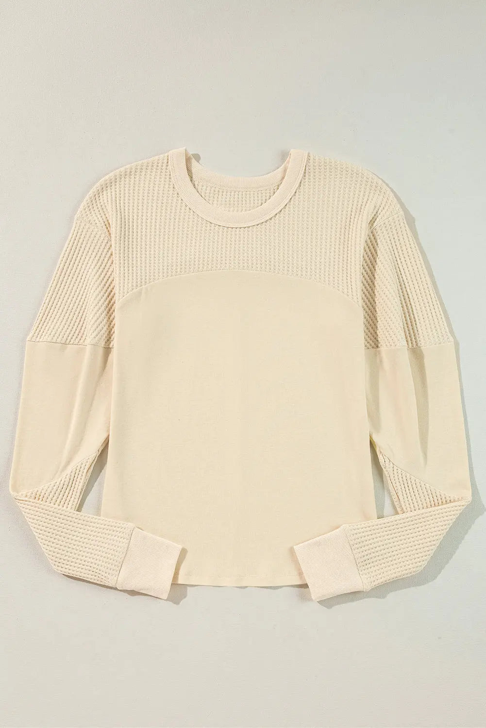 Beige Thermal Knit Patchwork Exposed Seam Long Sleeve Top Markonline