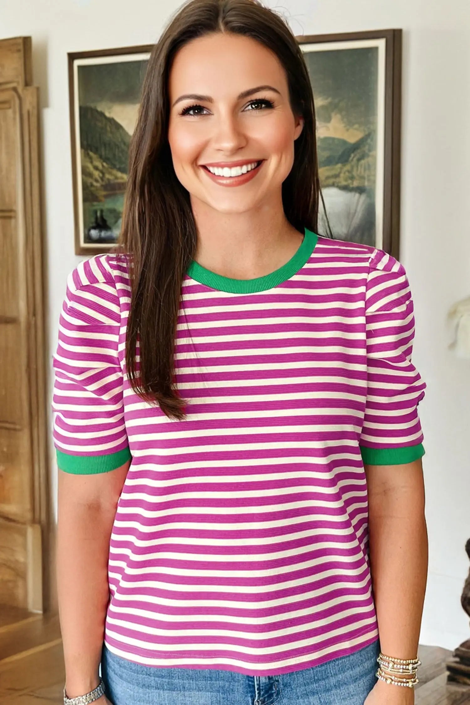 Rose Stripe Short Puff Sleeve Contrast Trim Round Neck Tee Markonline