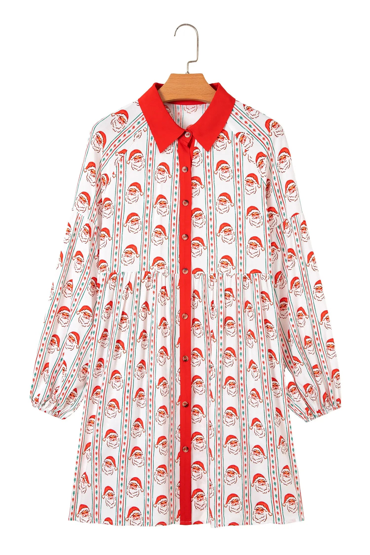 White Father Christmas Contrast Collar Button Front Long Sleeve A-line Mini Dress Markonline