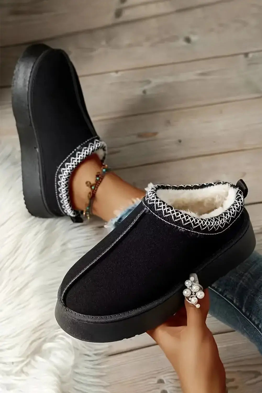 Black Contrast Print Suede Plush Lined Snow Boots Dear-Lover Dropshipping