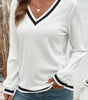 White Textured Knit Preppy Striped Trim V Neck Pullover Waffle Top Dear-Lover Dropshipping