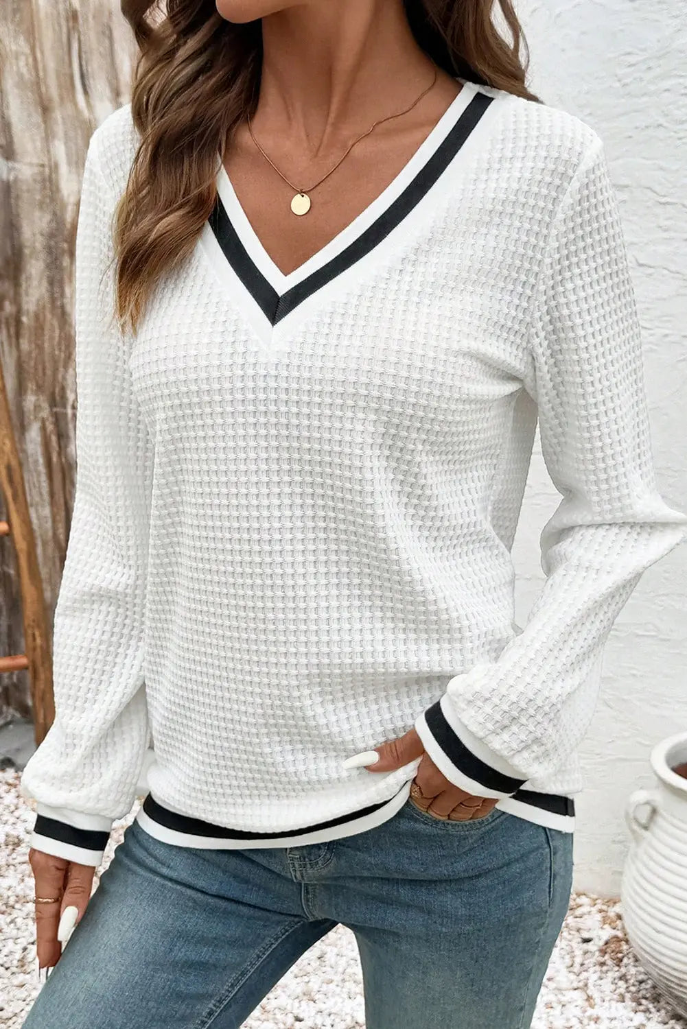 White Textured Knit Preppy Striped Trim V Neck Pullover Waffle Top Dear-Lover Dropshipping