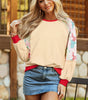 Beige Bowknot Printed Patchwork Raglan Sleeve Colorblock Edge Top Dear-Lover Dropshipping