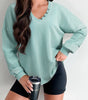 Mist Blue Mineral Wash Exposed Seam Buttoned V Neck Pullover Top Markonline