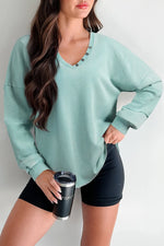 Mist Blue Mineral Wash Exposed Seam Buttoned V Neck Pullover Top Markonline