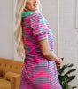 Pink Stripe Collared V Neck Puff Sleeve T Shirt Dress Markonline