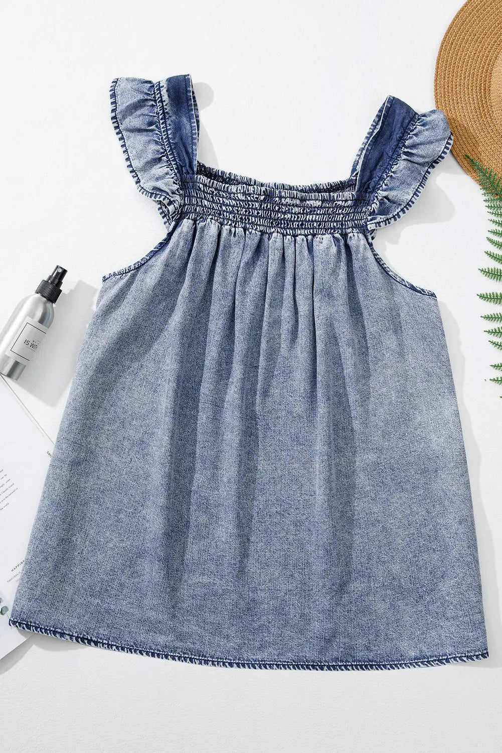Ashleigh Blue Ruffled Shirred Neckline Sleeveless Denim Tank Top Dear-Lover Dropshipping