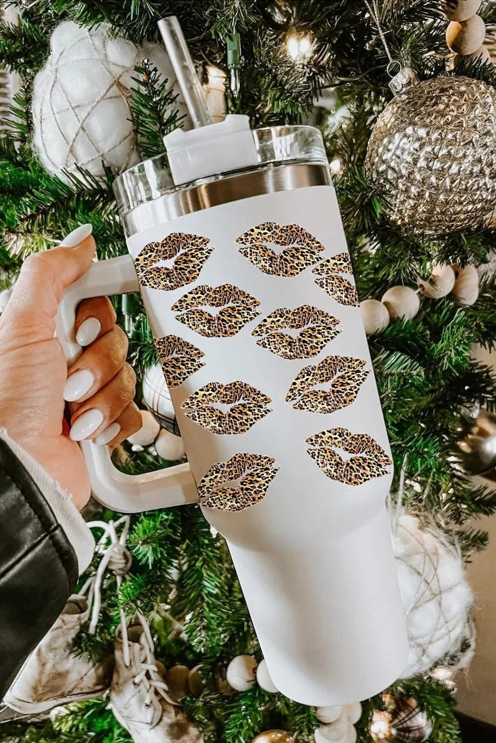 White Valentine Leopard Lips Print Thermos Cup with Straw 40oz Dear-Lover Dropshipping