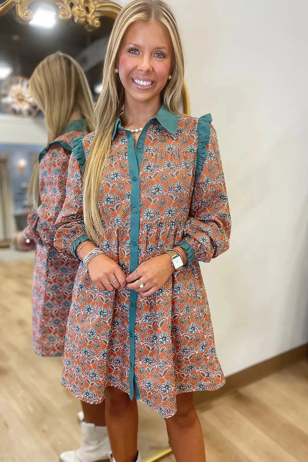Orange Boho Floral Contrast Collared Shirt Mini Dress Markonline