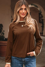 Dark Brown Varsity Striped Accent Contrast Crew Neck Long Sleeve T Shirt Markonline