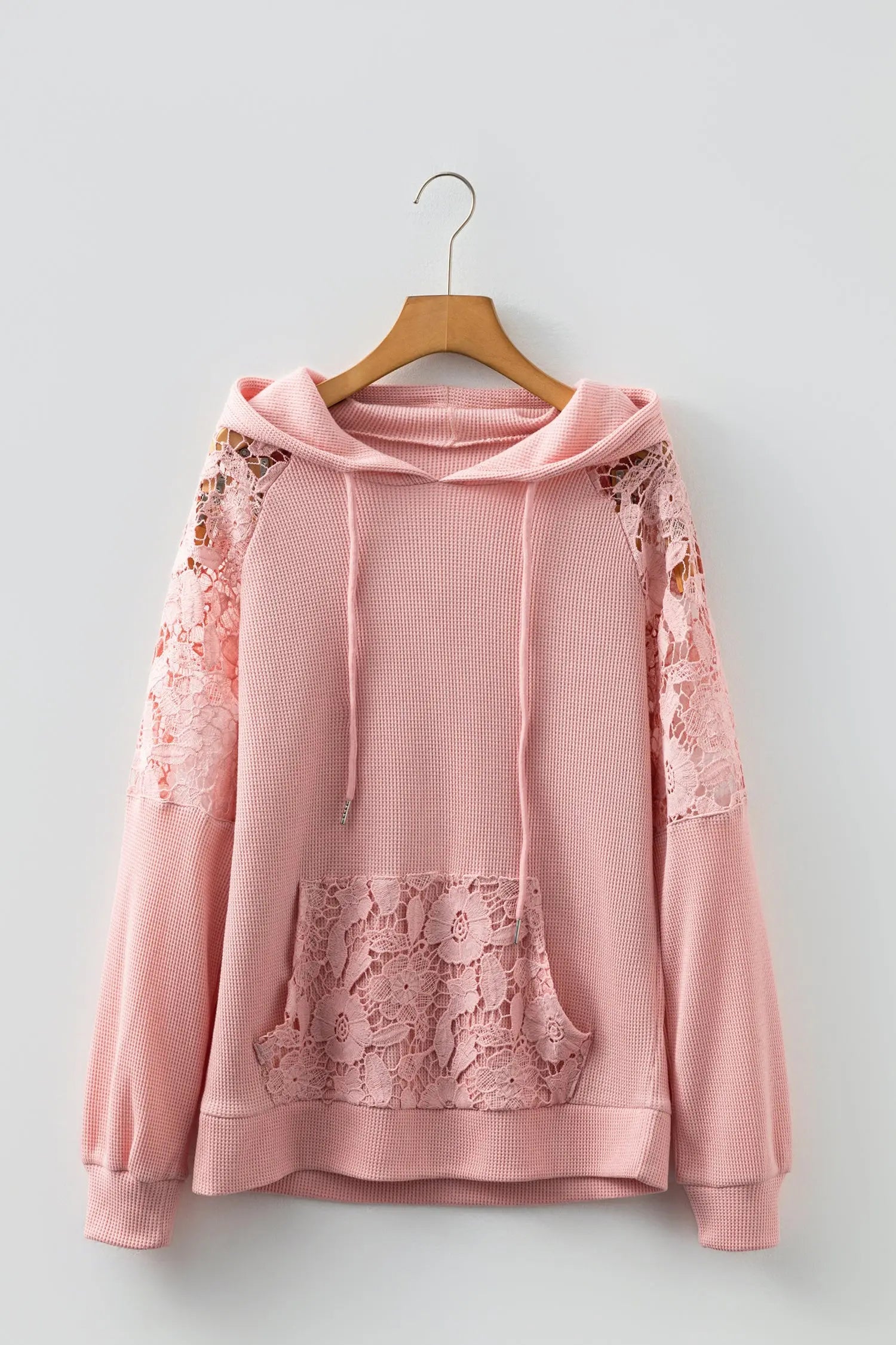 Gossamer Pink Lace Patchwork Raglan Sleeve Kangaroo Pocket Waffle Hoodie Dear-Lover Dropshipping