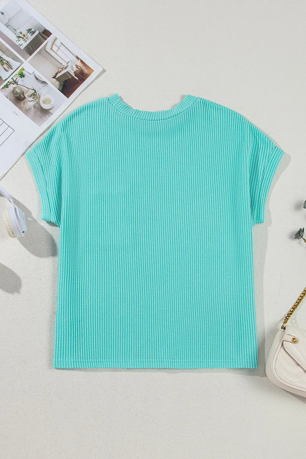 Light Blue Corded Knit Color Block Pocketed Crew Neck T Shirt Markonline