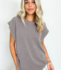 Gray Twisted Rib Wide Sleeve Crew Neck T Shirt Markonline