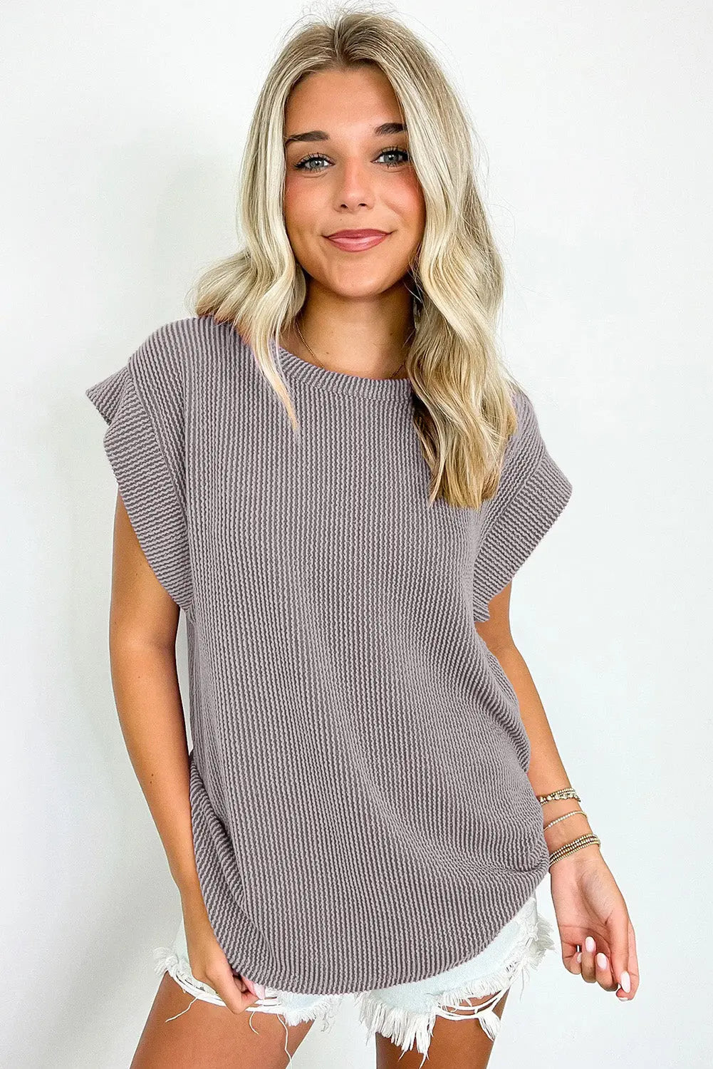 Gray Twisted Rib Wide Sleeve Crew Neck T Shirt Markonline
