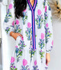 White Floral Print Contrast Striped Trim Notched Neck Long Sleeve Dress Markonline