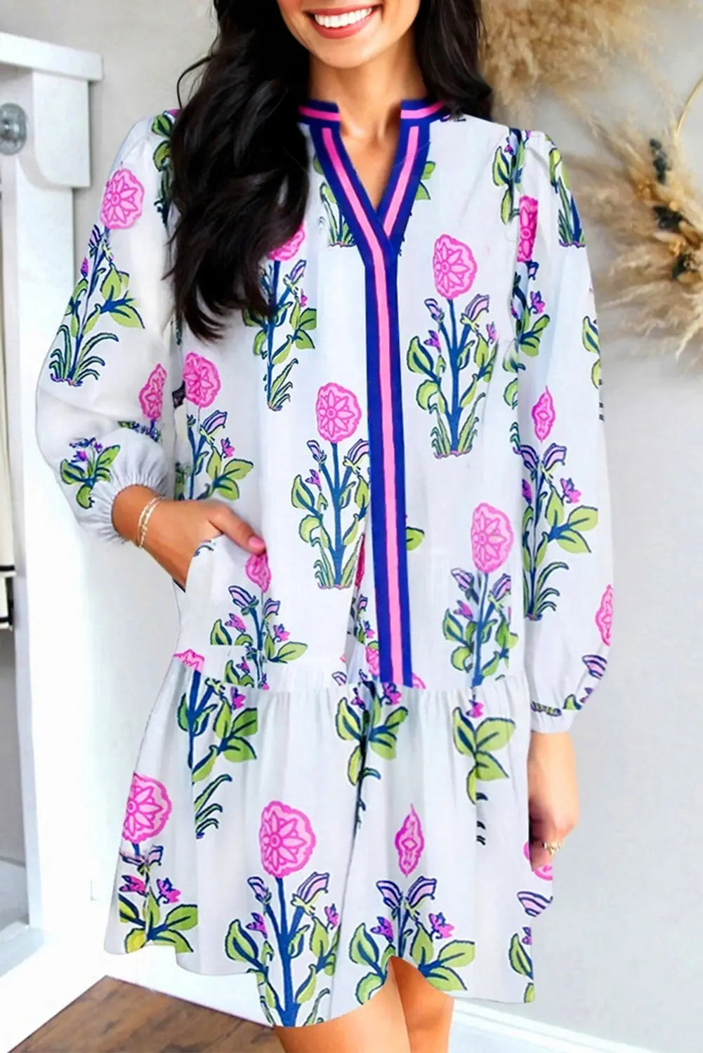 White Floral Print Contrast Striped Trim Notched Neck Long Sleeve Dress Markonline