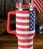 Red Rhinestone American Flag Print Handled 40oz Thermos Tumbler Dear-Lover Dropshipping