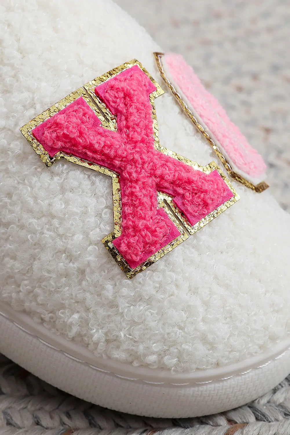 White XO XO Glitter Trim Letter Patched Plush House Slippers Dear-Lover Dropshipping
