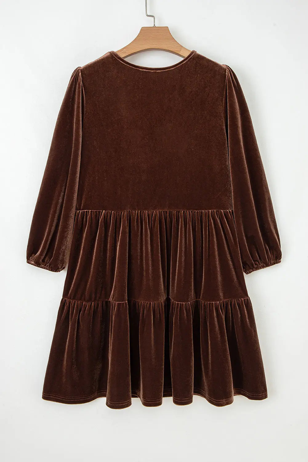 Chicory Coffee Solid Color Velvet V Neck Long Sleeve Tiered Mini Dress Dear-Lover Dropshipping