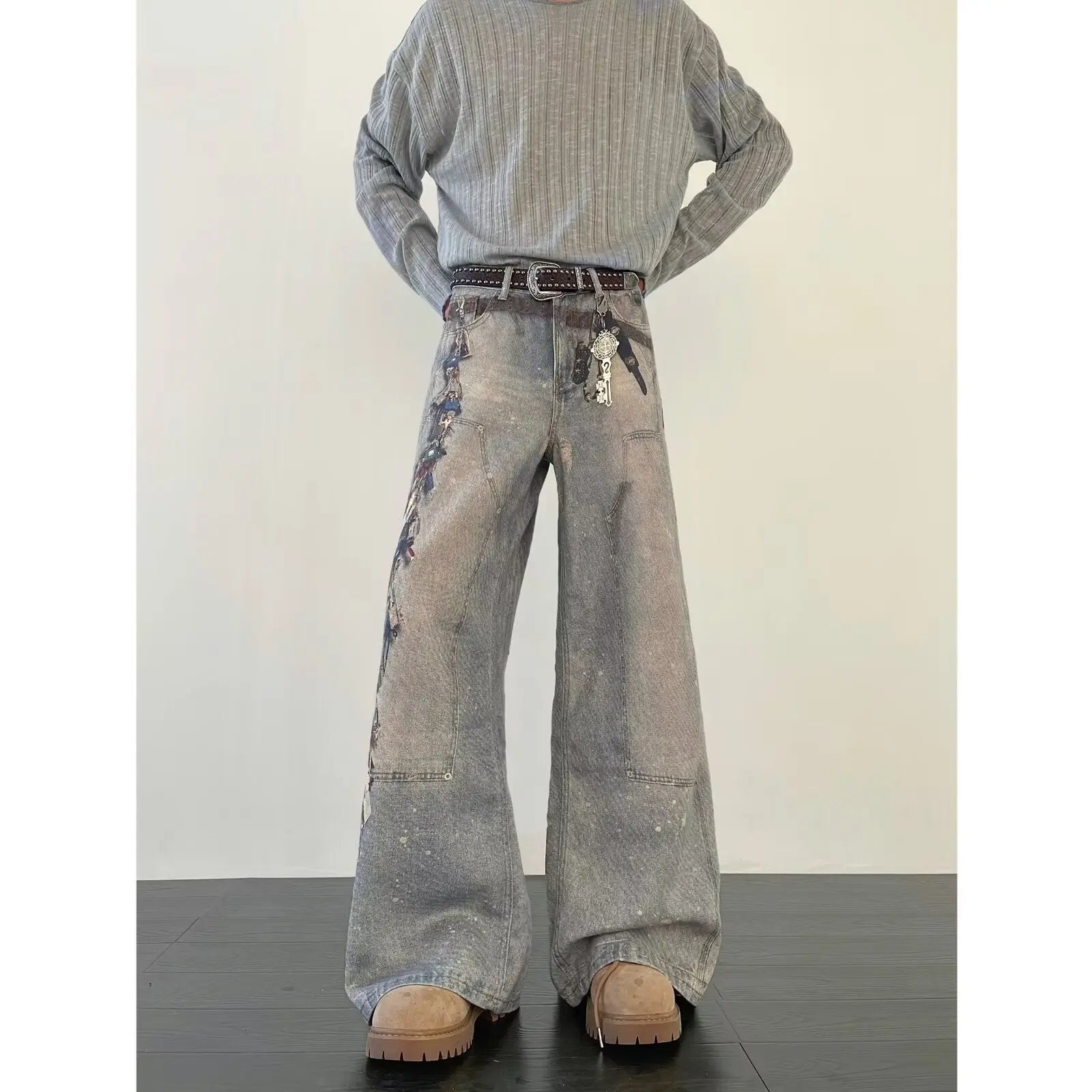 Printed ink splatter hanging decoration logging workwear jeans men Markonline