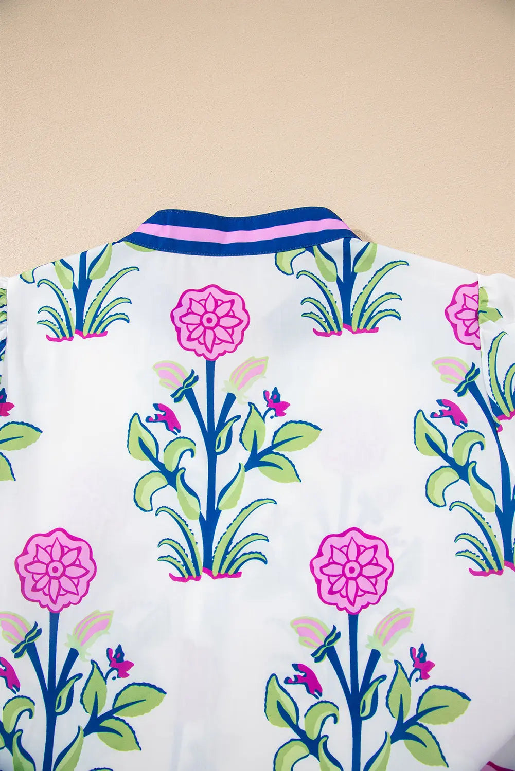 White Floral Print Contrast Striped Trim Notched Neck Long Sleeve Dress Markonline