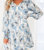 Sky Blue Floral Print Tie Neck Long Sleeve Flowy Mini Dress Markonline