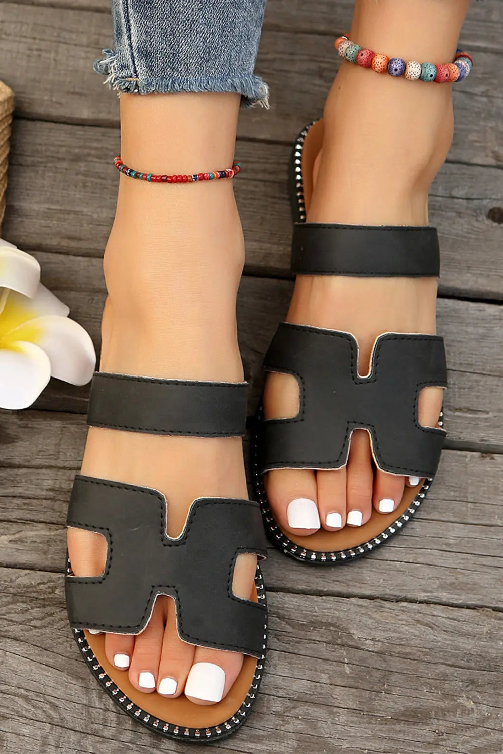 Black Cut Out H Shape Band PU Leather Slippers Dear-Lover Dropshipping