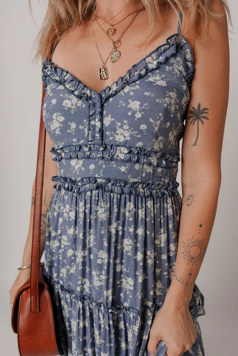 Blue Floral Spaghetti Strap Frilled V Neck Tiered Midi Dress Markonline