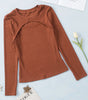 Brown Ribbed Peekaboo Cutout Long Sleeve Top Dear-Lover Dropshipping