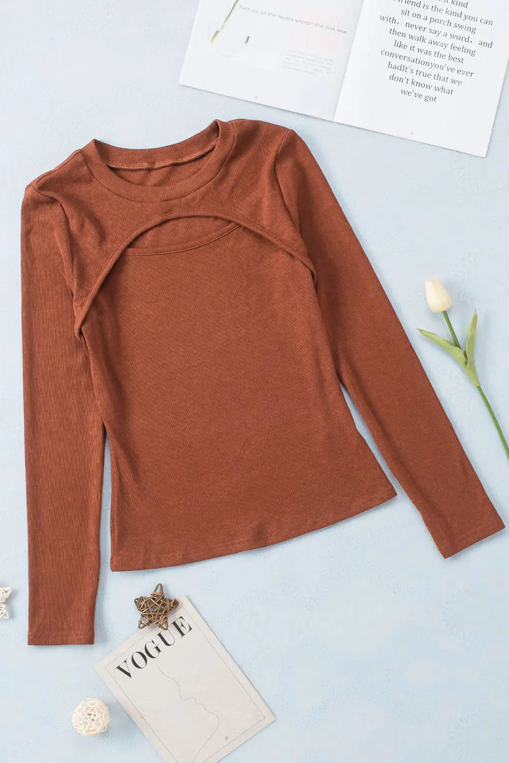 Brown Ribbed Peekaboo Cutout Long Sleeve Top Dear-Lover Dropshipping