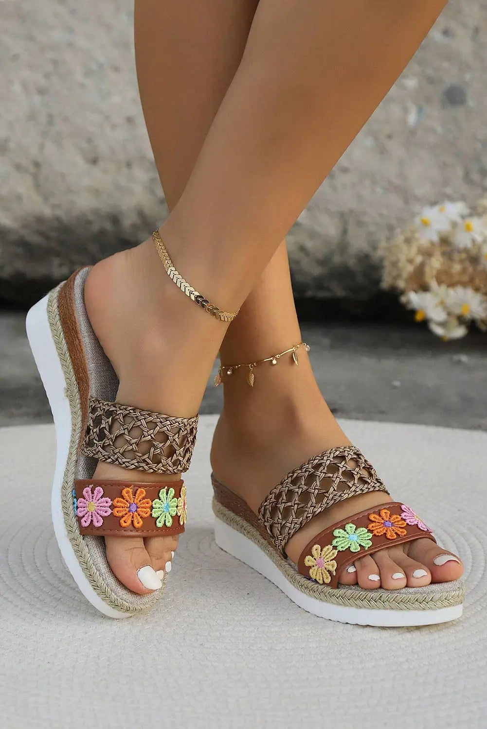 White Floral Print Braided Details Wedge Slippers Dear-Lover Dropshipping