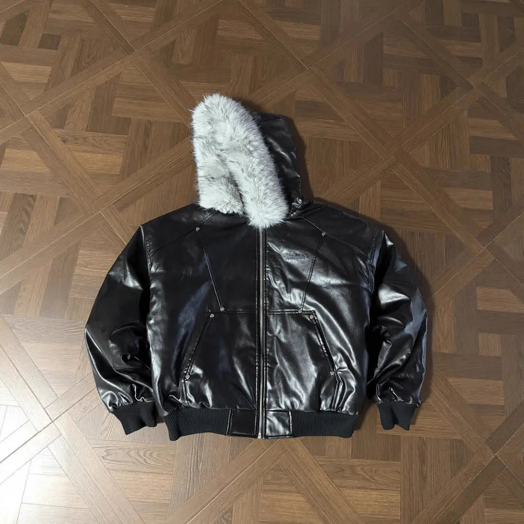 Street Retro Detachable Fur Collar Hooded PU Leather Parka Coat for Men and Women, Loose Oversized Design, Unique Style Winter Jacket Markonline