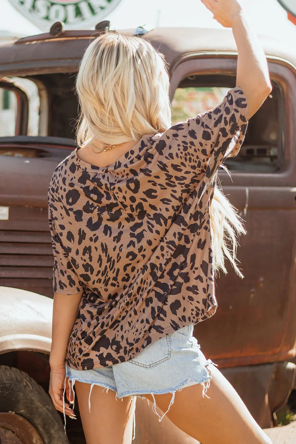 Brown Leopard Print V Neck Half Sleeve Oversized Tee Markonline