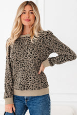 Khaki Ribbed Trim Leopard Print Long Sleeve Top Dear-Lover Dropshipping