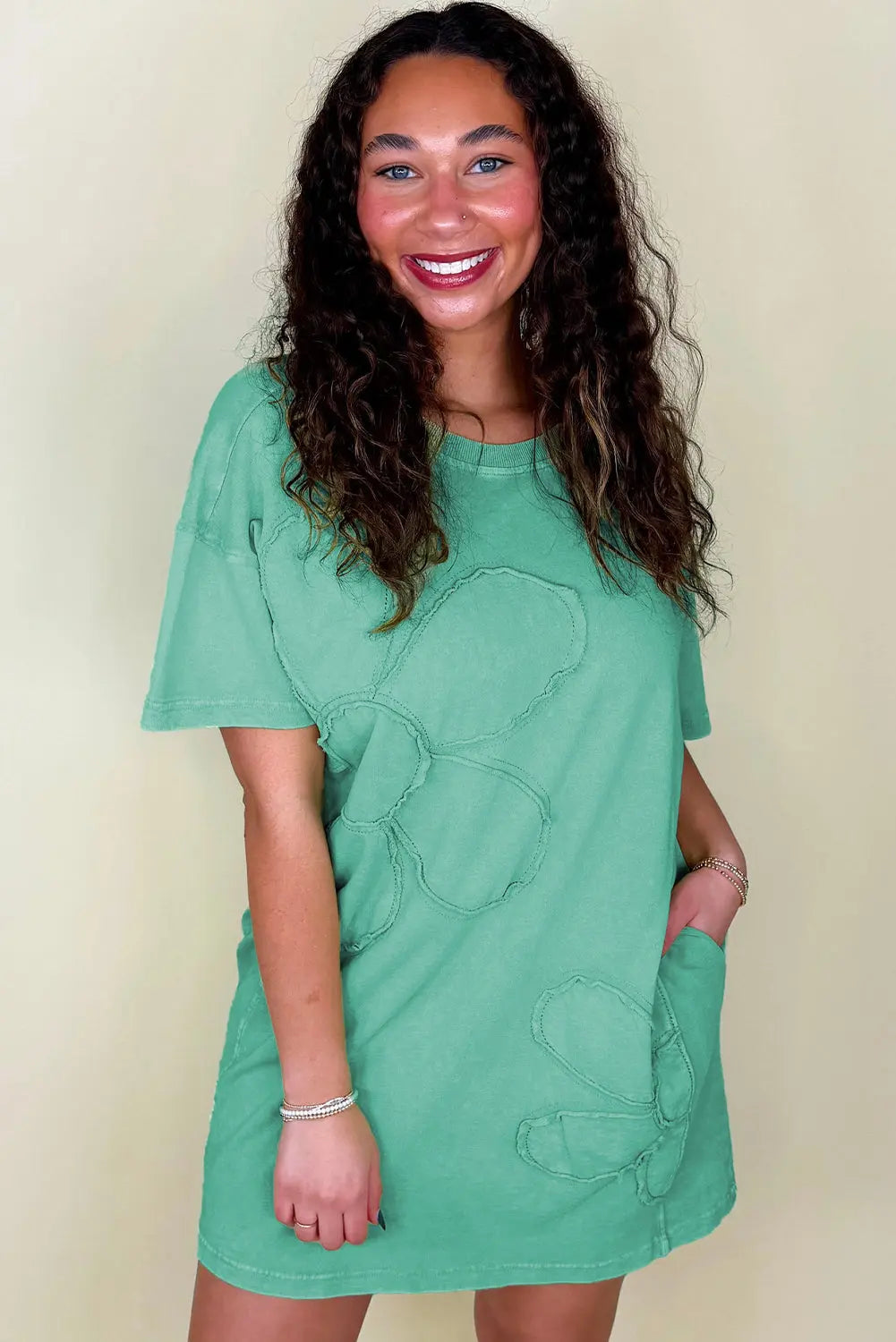 Mint Green Mineral Wash Flower Patchwork Mini T Shirt Dress