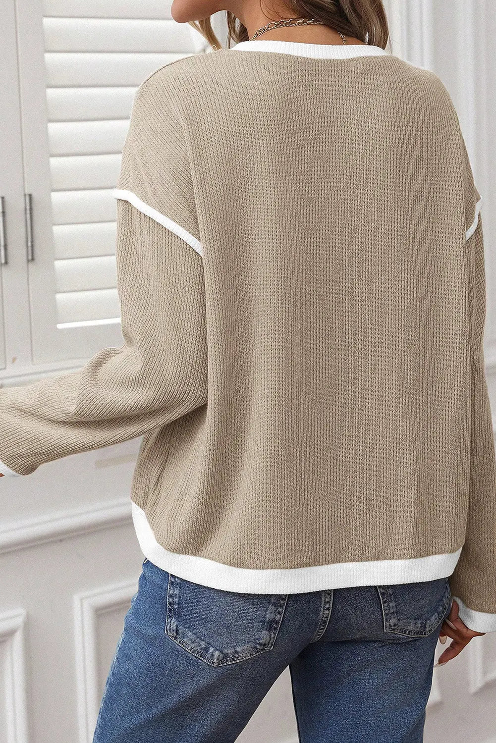 Beige Contrast Color Trim Knit Drop Shoulder Loose Top Dear-Lover Dropshipping