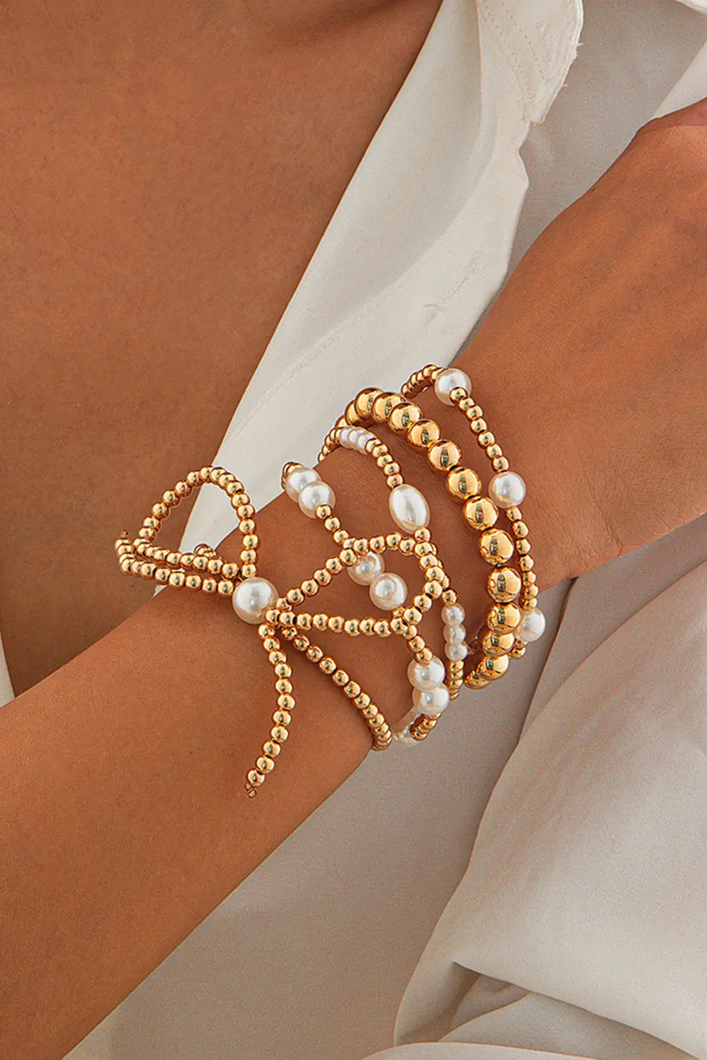 Gold Bow Knot Pearl Beaded Multi Layered Bracelet Set Dear-Lover Dropshipping