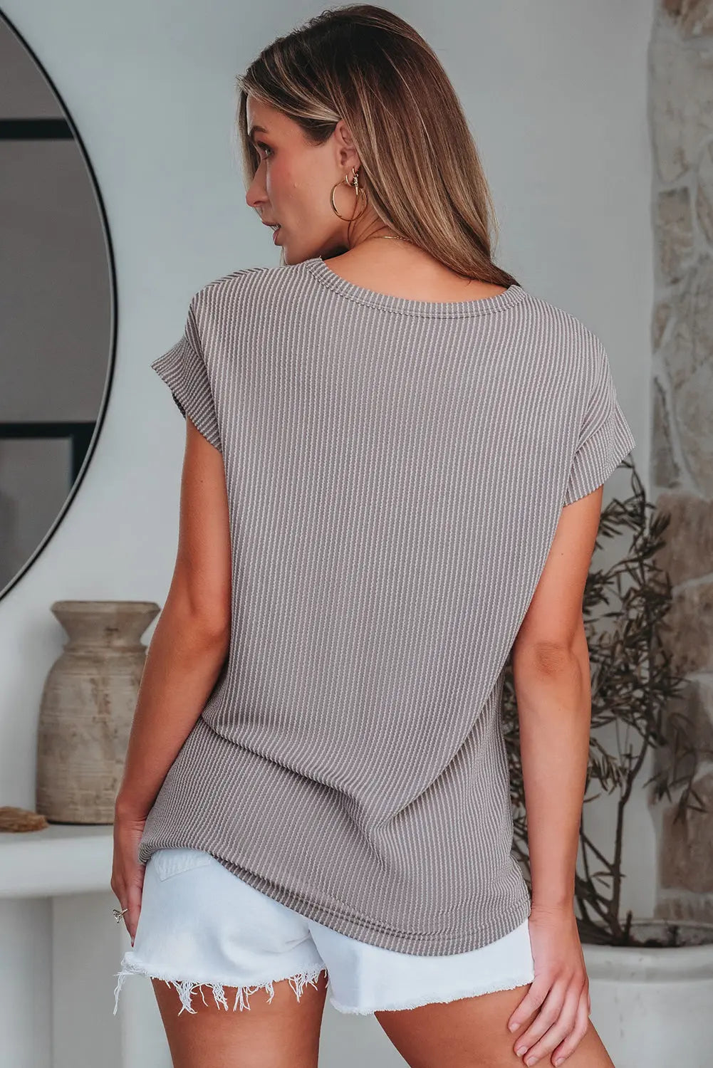 Gray Twisted Rib Wide Sleeve Crew Neck T Shirt Markonline