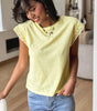 Yellow Cream Lace Patchwork Cap Sleeve Round Neck T Shirt Markonline