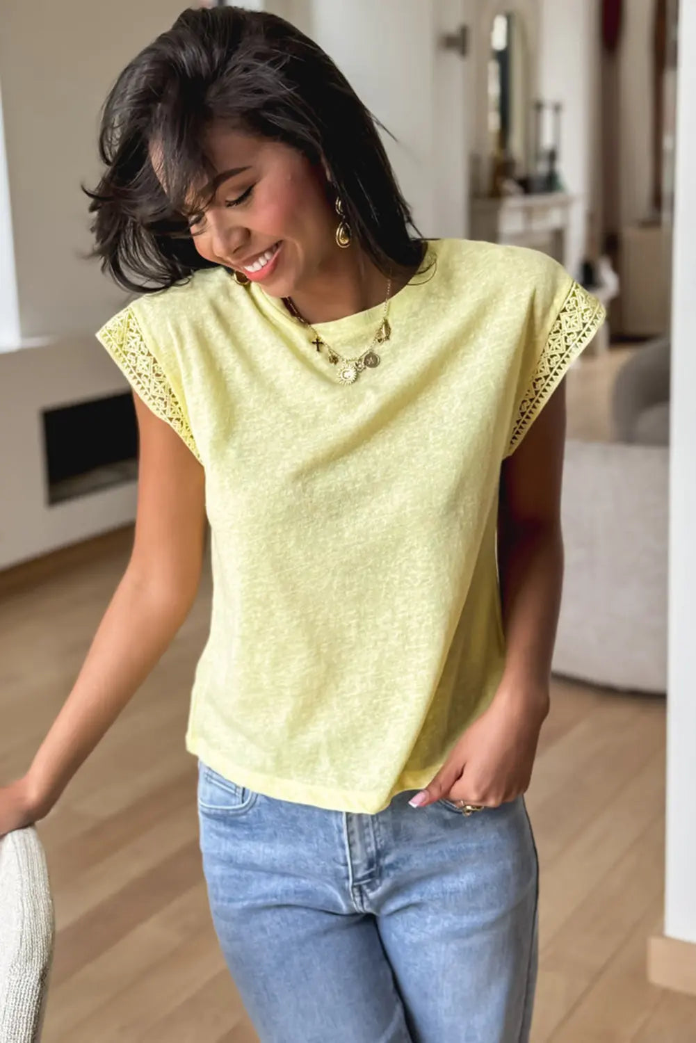 Yellow Cream Lace Patchwork Cap Sleeve Round Neck T Shirt Markonline