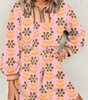 Pink Floral Print Zip Neck Striped Patchwork Long Sleeve Drawstring Dress Markonline