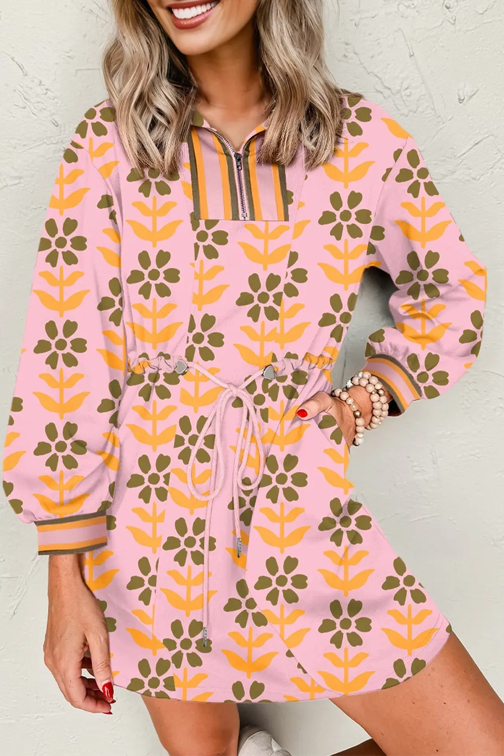 Pink Floral Print Zip Neck Striped Patchwork Long Sleeve Drawstring Dress Markonline
