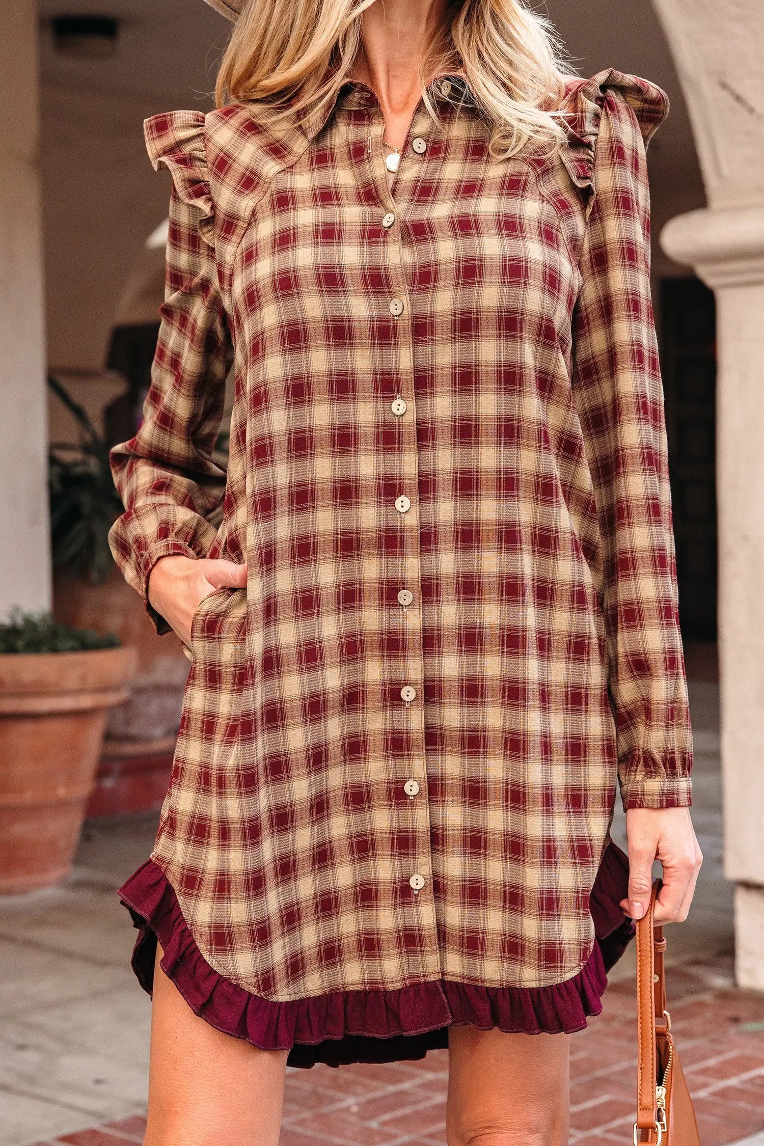 Red Plaid Print Ruffled Long Sleeve Patchwork Hem Mini Shirt Dress Markonline