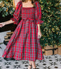 Red Tartan Plaid Square Neck Puff Sleeve Knot Waist Flared Midi Dress Markonline