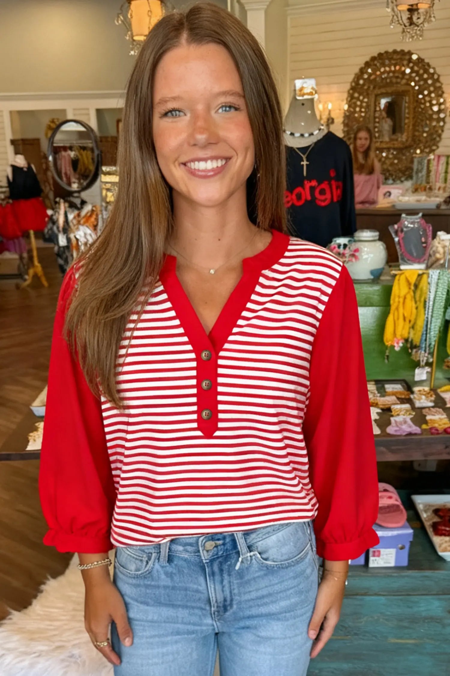 Red Stripe Half Placket V Neck Contrast 3/4 Sleeve Patchwork Top Dear-Lover Dropshipping