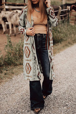 Brown Western Aztec Printed Open Front Long Cardigan Dear-Lover Dropshipping